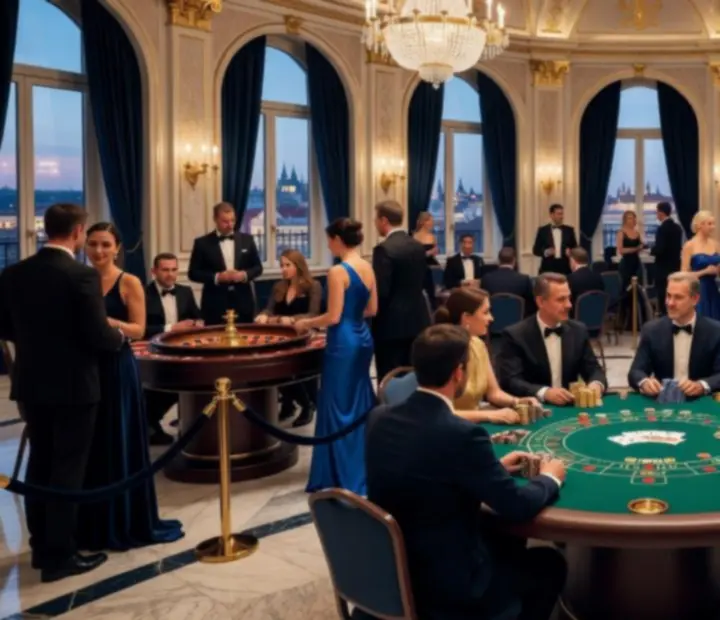 Elegantní kasinový večer s rekreačními pokerovými a kasinovými stoly a hosty v akci