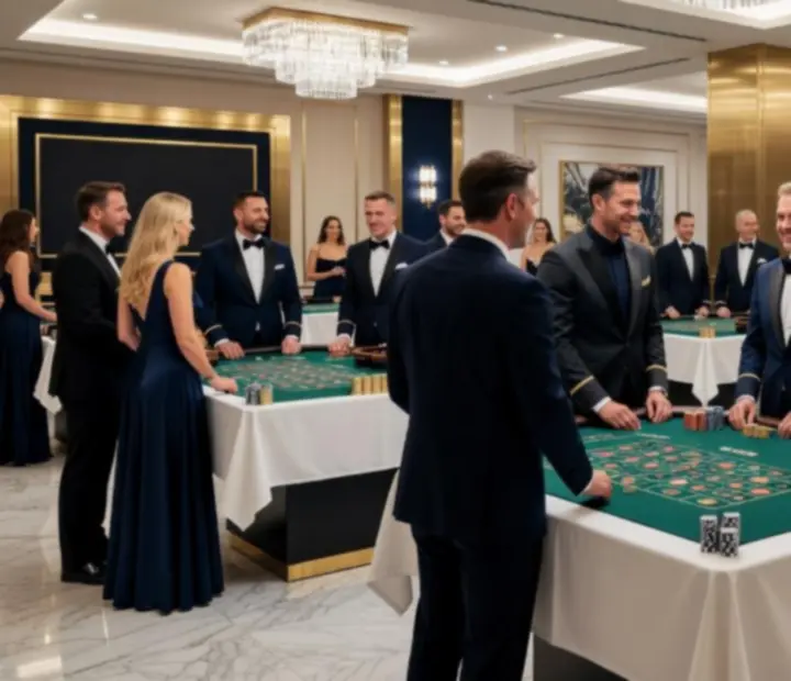 Hosté u elegantně nasvětlených kasinových stolů na večírku