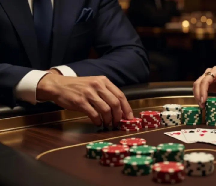 Detail pokerového stolu s rekreační hrou na žetony během společenského večera