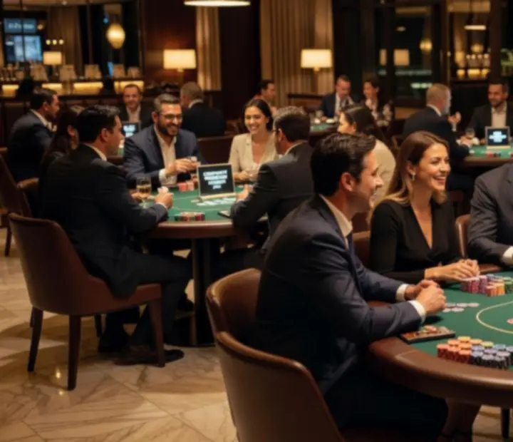 Hosté u pokerových stolů během firemního večírku, usmívají se a společně si užívají společenský program v casino stylu