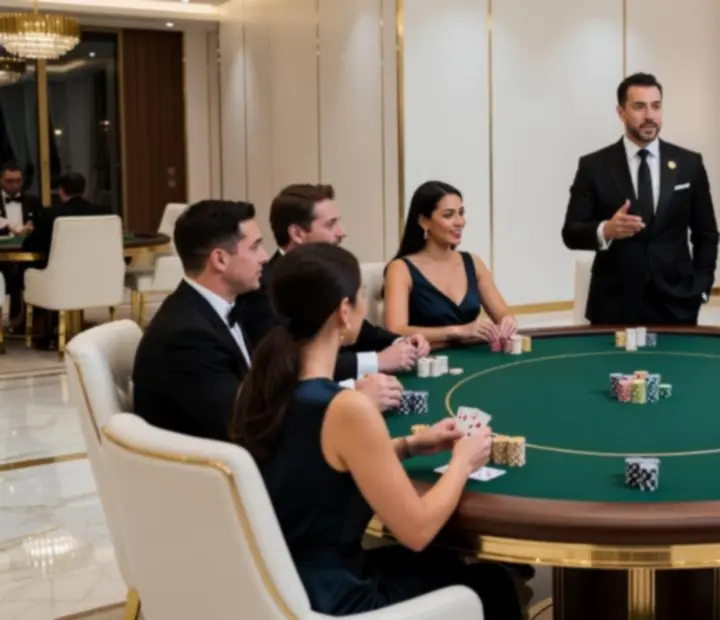 Elegantní pokerový stůl během firemní akce, hosté hrají poker pro zábavu a moderátor vysvětluje pravidla