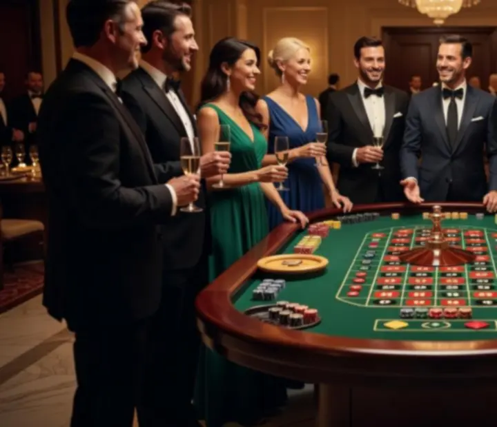 Moderní ruleta na večerní akci s hosty u stolu a profesionálním moderátorem
